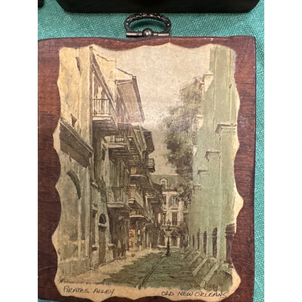 Set Of 4 Old New Orleans wooden plaque decoupage Signed 5